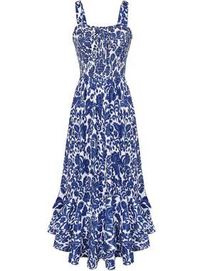 Women's Dark Blue Square Neck Strapped A LINE Floral Boho Long Maxi Dress